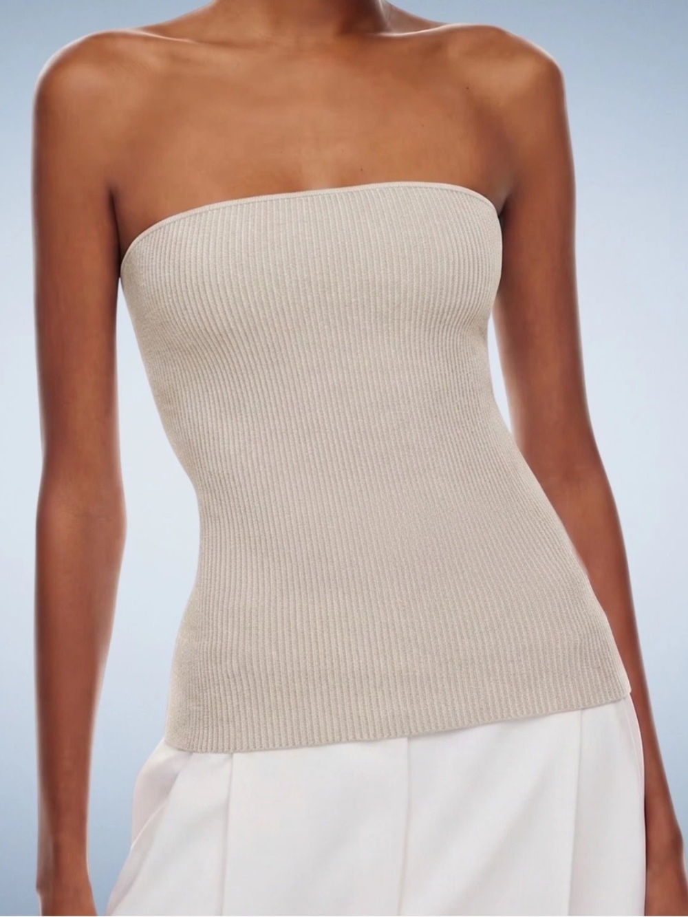 NWOT Aritzia Babaton Sculpt Knit Ribbed Strapless Tube Top Tan